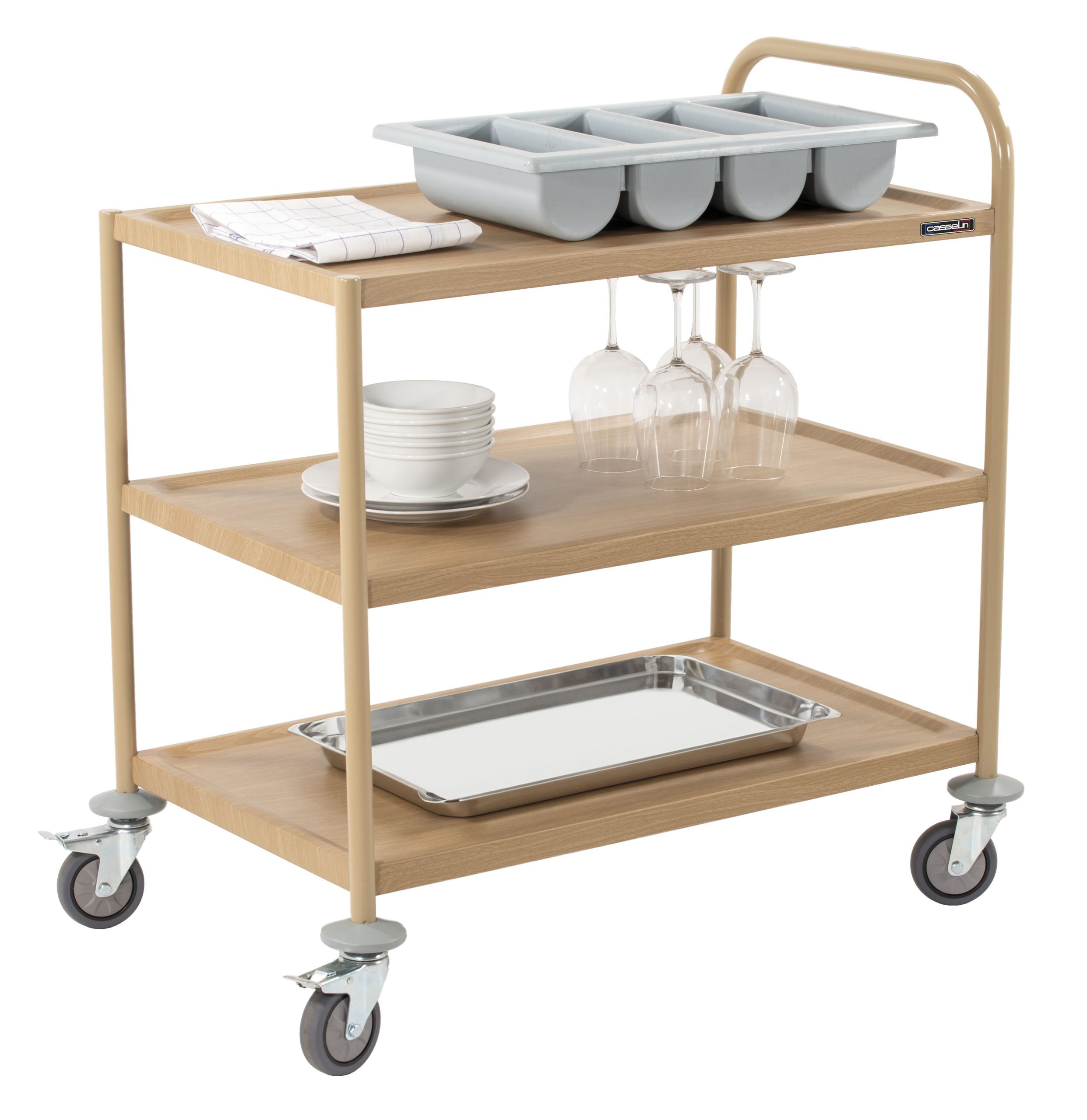 Chariot de service imitation bois 3 plateaux 1 arceau