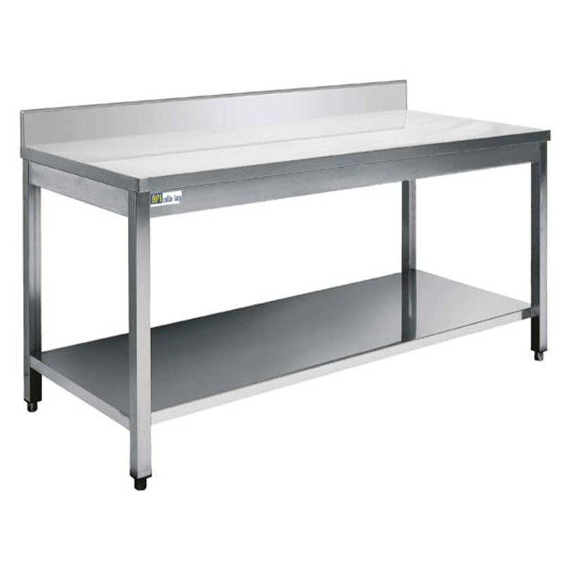 TABLE INOX AVEC DOSSERET ET TABLETTE INFÉRIEURE - SÉRIE 600 - LONG. 900 MM